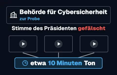 „Behörde für Cybersicherheit, zur Probe“: Stimme des Präsidenten gefälscht. Drei Video-Kacheln führen zu „etwa 10 Minuten Ton“.