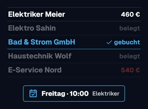 Liste mit fünf Elektrikern: zwei belegt, einer zu teuer, bei Bad & Strom ist ein Termin am Freitag um 10 Uhr gebucht.