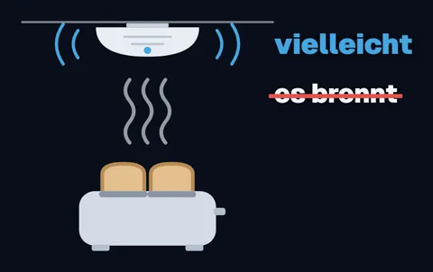 Ein Rauchmelder über einem Toaster, aus dem Dampf aufsteigt. Daneben „vielleicht“, darunter durchgestrichen „es brennt“.