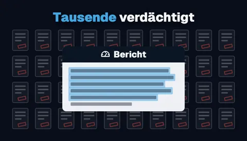 „Tausende verdächtigt“: ein Raster aus vielen Dokumenten mit roten Markierungen, davor ein Detektor-Bericht mit fast vollständig markiertem Text.