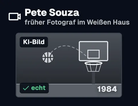 Oben „Pete Souza, früher Fotograf im Weißen Haus“. Darunter eine Zeichnung im Stil eines Schwarz-Weiß-Fotos: Ball und Korb, oben links das Etikett „KI-Bild“, unten links „echt“ mit Haken, unten rechts 1984.