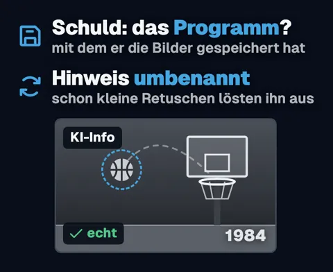 Zwei Zeilen: „Schuld: das Programm? mit dem er die Bilder gespeichert hat“ und „Hinweis umbenannt: schon kleine Retuschen lösten ihn aus“. Darunter die Zeichnung von 1984, jetzt mit dem Etikett „KI-Info“, der Ball ist eingekreist.