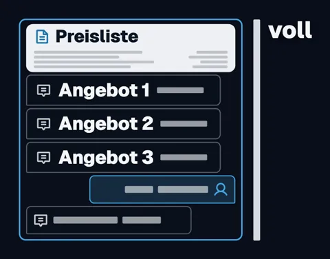 Ein Fenster mit einer Preisliste und drei Angeboten darunter, daneben ein Balken, der bis oben gefüllt ist: voll.
