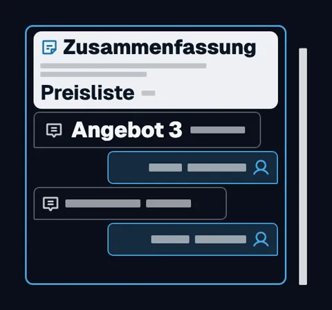 Oben eine Zusammenfassung, in der die Preisliste nur noch als kurze Zeile steht, darunter Angebot 3 und neue Nachrichten.