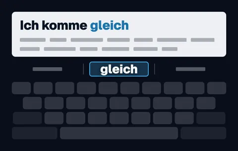 Ein Blatt mit „Ich komme gleich“ und einem angedeuteten Absatz, darunter eine Vorschlagsleiste mit dem markierten Wort „gleich“ und eine Handytastatur.