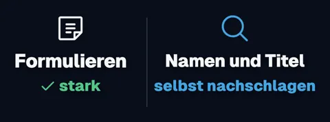 Zwei Spalten: links „Formulieren“ mit Haken und „stark“, rechts eine Lupe mit „Namen und Titel“ und „selbst nachschlagen“.