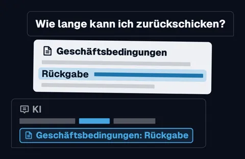 Die Frage „Wie lange kann ich zurückschicken?“, darunter die Geschäftsbedingungen mit dem markierten Abschnitt Rückgabe, darunter die Antwort der KI mit dem Verweis auf diesen Abschnitt.