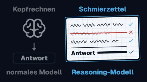 Links „Kopfrechnen“: ein Gehirn, ein Pfeil direkt zur Antwort, darunter „normales Modell“. Rechts ein Schmierzettel mit drei gekritzelten Zeilen, die mittlere rot durchgestrichen, darunter die Antwort mit Haken, beschriftet „Reasoning-Modell“.