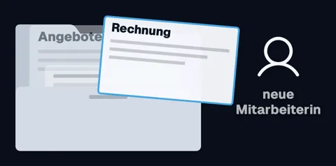 Eine Mappe mit dem Blatt „Angebote“, ein Blatt „Rechnung“ wird herausgezogen. Daneben „neue Mitarbeiterin“.