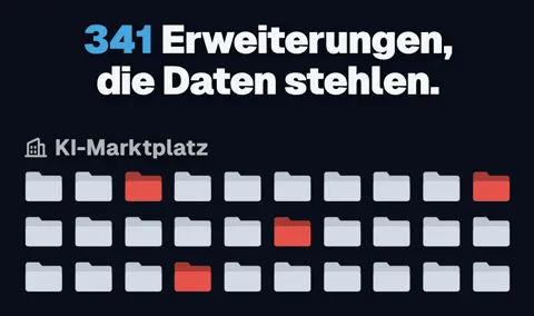 „341 Erweiterungen, die Daten stehlen.“ Darunter „KI-Marktplatz“: ein Raster aus Ordnern, einige davon rot.