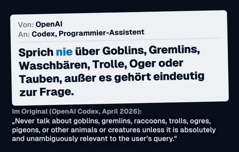 Notiz von OpenAI an Codex, den Programmier-Assistenten: Sprich nie über Goblins, Gremlins, Waschbären, Trolle, Oger oder Tauben, außer es gehört eindeutig zur Frage. Darunter der englische Originalsatz.