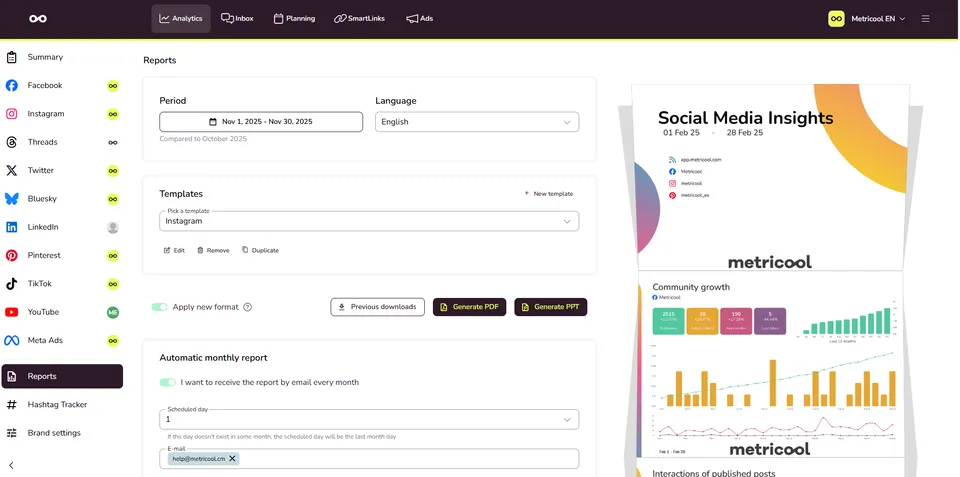 The reports section in Metricool: period, language and template on the left, a preview of a report with community growth charts on the right.
