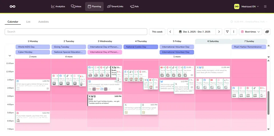The planning calendar in Metricool: one week of scheduled posts for several networks, awareness days at the top, times on the left.