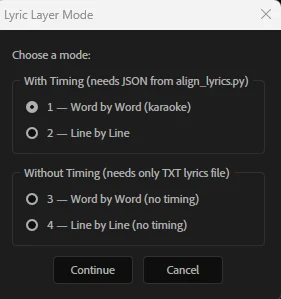 Dialogfenster Lyric Layer Mode mit vier Optionen: Wort für Wort oder Zeile für Zeile, jeweils mit oder ohne Timing.