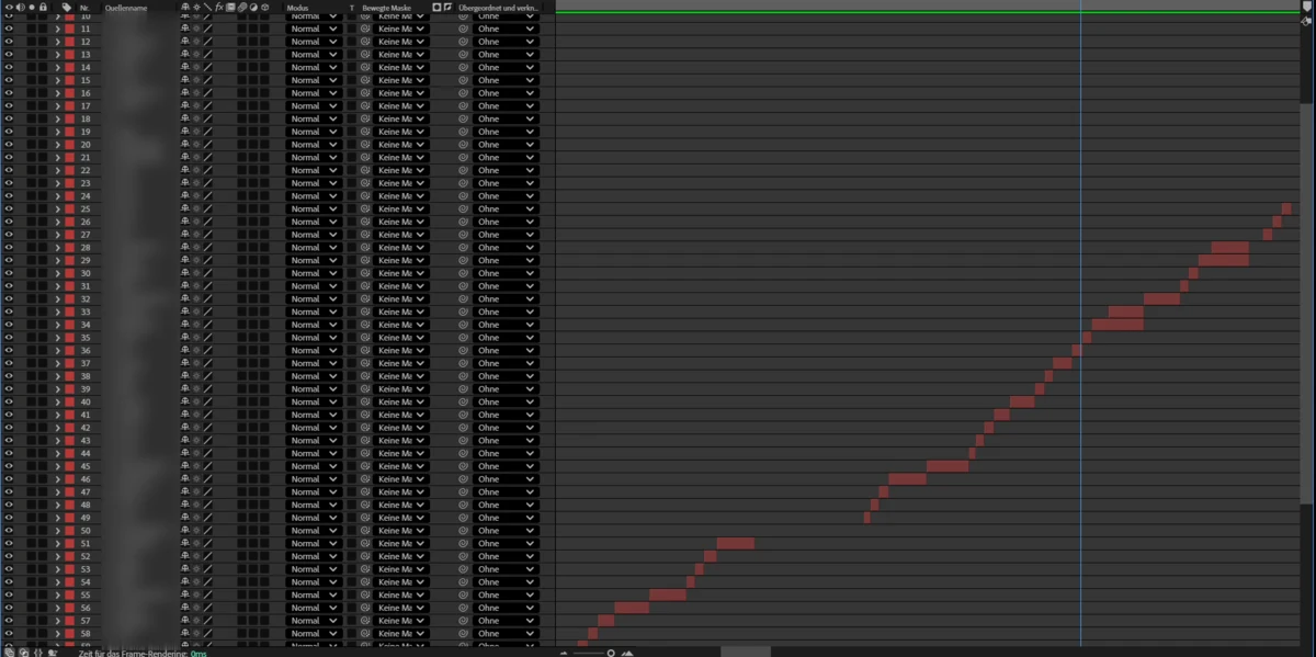 After-Effects-Projekt nach dem Skript: Dutzende Textebenen untereinander, rechts die getimten Wörter als Treppe.