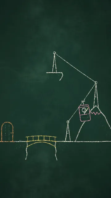 Standbild aus der Kreidetafel-Animation: gezeichnete Seilbahn über einem Berg, darunter Brücke und Tür auf grüner Tafel