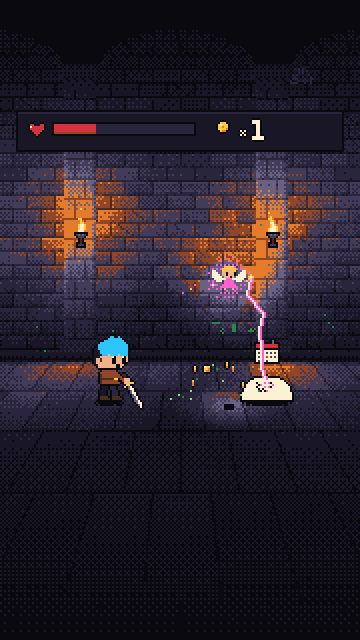 Standbild aus dem Pixel-Art-Dungeon: Held mit blauen Haaren und Schwert, eine pinke Fee zappt ein Schleimmonster mit Kalender-Symbol