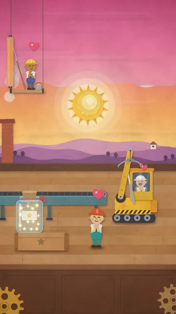 Standbild aus der Sonnenfabrik: Papierschnitt-Arbeiter unter einer leuchtenden Sonne am rosa-orangen Himmel, daneben ein gelber Kran und ein Glas voller Sterne