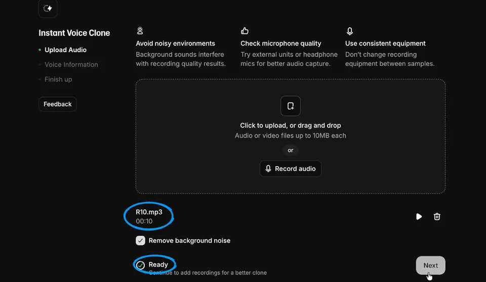 Clone B in ElevenLabs: file R10.mp3 with 10 seconds, status Ready