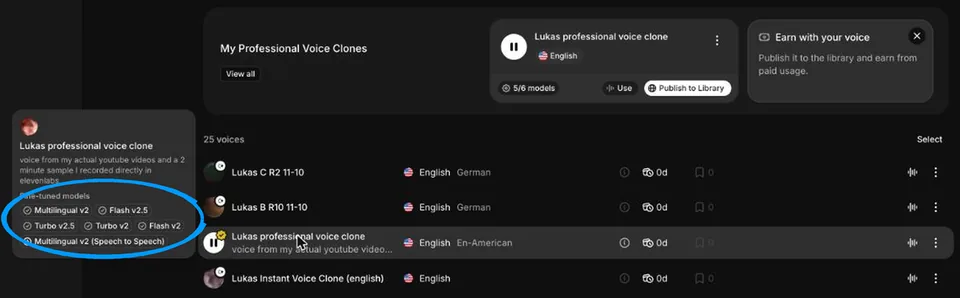 My professional clone in ElevenLabs, list of fine-tuned models without Eleven v4