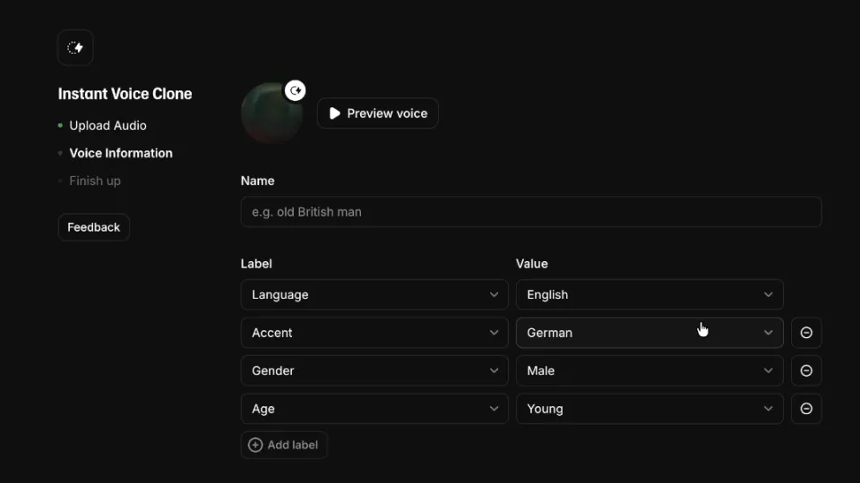 Seite Voice Information mit der Schaltfläche Preview voice, leerem Namensfeld und den Labels Language English, Accent German, Gender Male, Age Young.