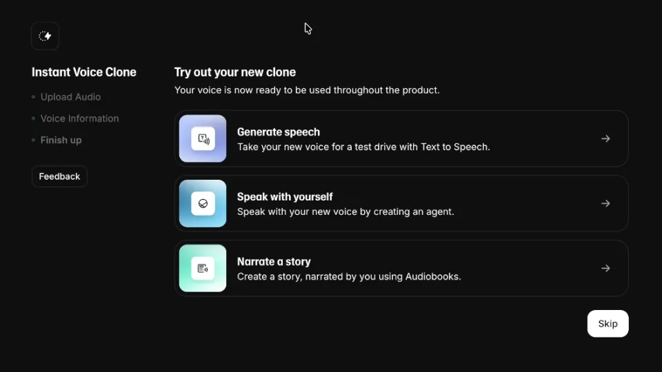 Seite Try out your new clone mit den Optionen Generate speech, Speak with yourself und Narrate a story sowie der Schaltfläche Skip.