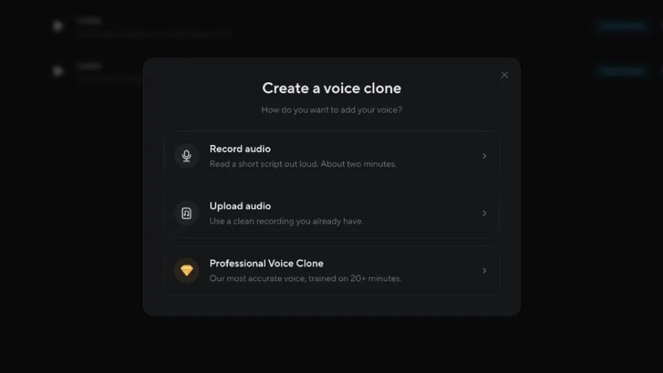 Dialog Create a voice clone mit den Optionen Record audio, Upload audio und Professional Voice Clone.
