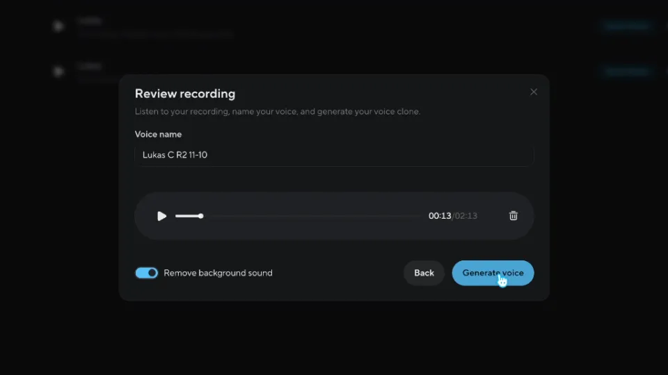 Dialog Review recording: Name Lukas C R2 11-10, Player mit der Länge 02:13, Schalter Remove background sound eingeschaltet, Schaltfläche Generate voice.