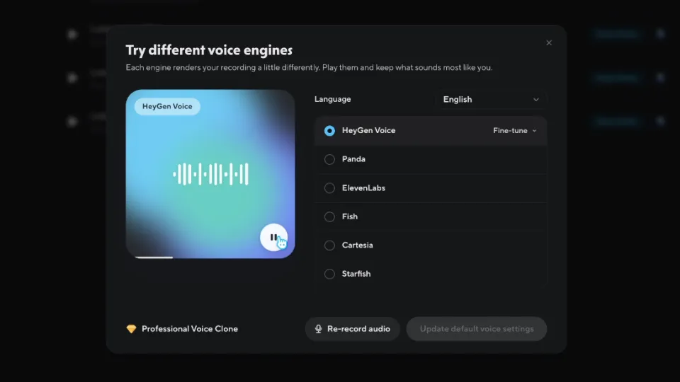 Dialog Try different voice engines: Sprache Englisch, Engines HeyGen Voice (ausgewählt), Panda, ElevenLabs, Fish, Cartesia und Starfish, Schaltfläche Update default voice settings.